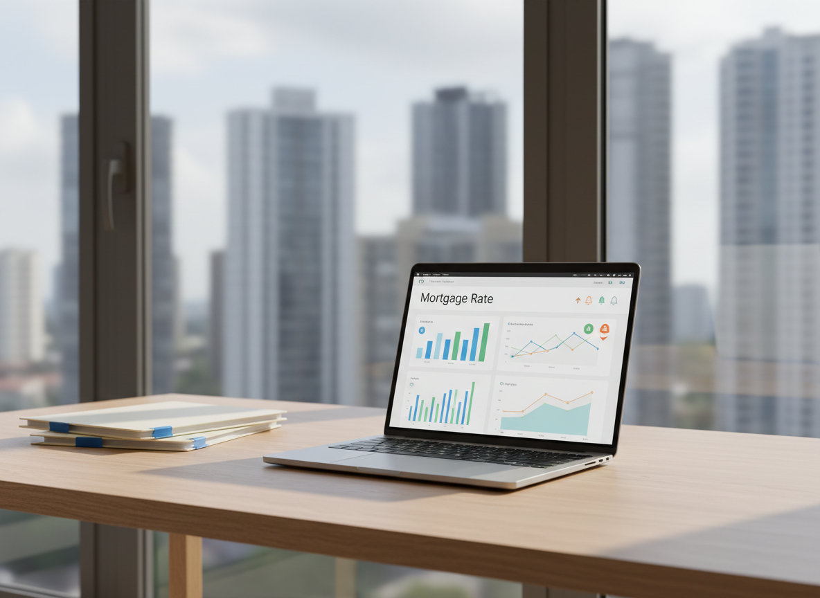 A sleek, modern home office desk made of light oak wood with a subtle matte finish, neatly arranged with an open silver laptop displaying a clean mortgage rate dashboard of colorful but simple charts and alert icons. The desk sits near a large floor-to-ceiling window overlooking a softly blurred city skyline of high-rise residential buildings. Diffused midday natural light fills the room, creating gentle reflections on the laptop screen and soft shadows around a small stack of organized mortgage folders. Photographic realism at eye level with a slight angle, sharp focus on the laptop, and a mild bokeh background. The mood is professional, calm, and trustworthy, with a clean, minimalist aesthetic ideal for a mortgage rate alert website hero image.