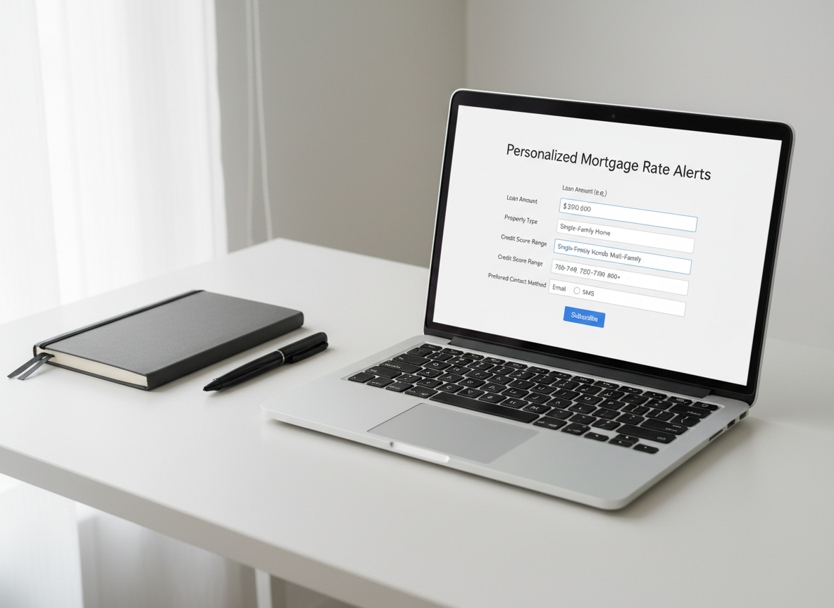 A clean, modern laptop on a minimalist white desk, its screen filled with a Google Form tailored for mortgage rate alerts, featuring labeled fields for loan amount, property type, credit score range, and preferred contact method. Around the laptop are only a slim, matte-finish notebook and a single black ink pen, emphasizing simplicity. Natural daylight from a nearby unseen window bathes the scene in soft, neutral light with barely-there shadows, giving a fresh, uncluttered look. Photographic realism with an eye-level composition and a slight angle toward the screen to clearly showcase the form. The atmosphere is straightforward, user-friendly, and professional, underscoring how easy it is for borrowers to sign up for personalized alerts.