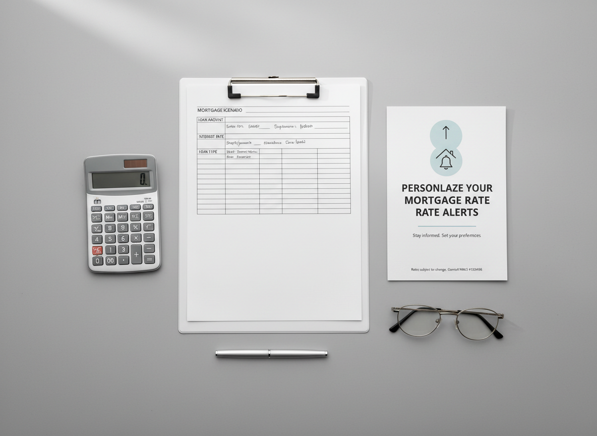 An overhead, flat-lay composition of a tidy mortgage planning workspace: a crisp white clipboard holding a printed mortgage scenario worksheet with fields for loan amount, rate, and loan type, alongside a cleanly designed mortgage rate alert flyer with simple icons and compliance disclaimers. A metallic calculator, a pair of stylish reading glasses, and a slim silver pen are precisely placed on a cool gray desk surface. Soft, diffused daylight from the top of the frame casts minimal, gentle shadows, emphasizing clarity and order. Photographic realism with sharp focus across the entire scene. The mood is methodical, transparent, and professional, communicating clear instructions and organized information for setting up personalized mortgage rate alerts.