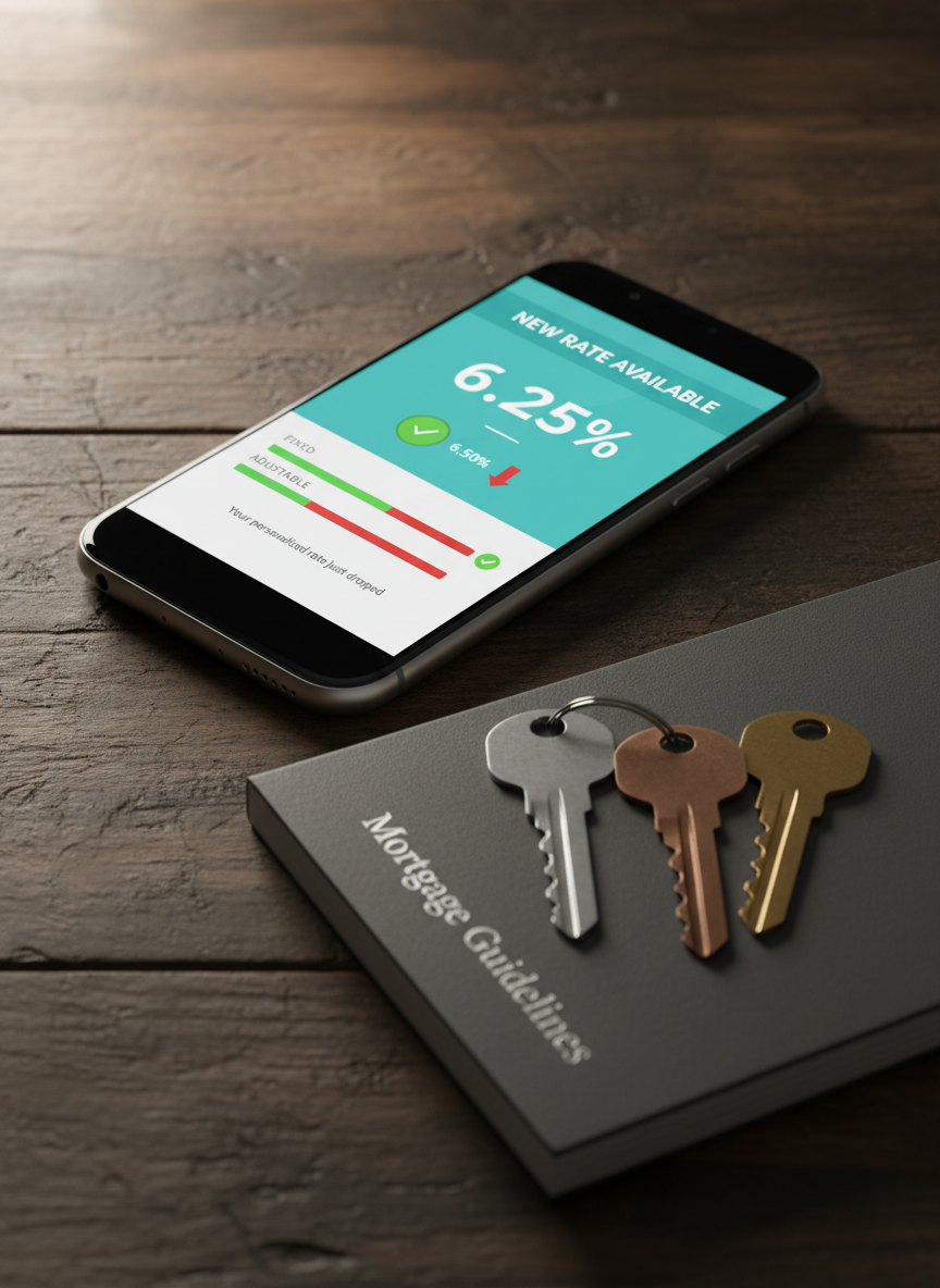 A close-up, photographic image of a smartphone resting on a dark, textured wooden table, its screen illuminated with a clean, modern mortgage rate alert notification interface featuring bold percentage numbers, simple color-coded indicators, and a clear "New Rate Available" banner. Beside the phone lies a neatly arranged set of house key-shaped metal bookmarks atop a slim mortgage guideline booklet. Soft, warm lamplight from the upper left creates gentle highlights on the phone’s metallic edges and subtle shadows across the table grain. Shot from a slightly elevated angle with shallow depth of field, the screen is in sharp focus while the edges blur softly. The mood is reassuring, efficient, and tech-forward, highlighting instant personalized alerts for borrowers.