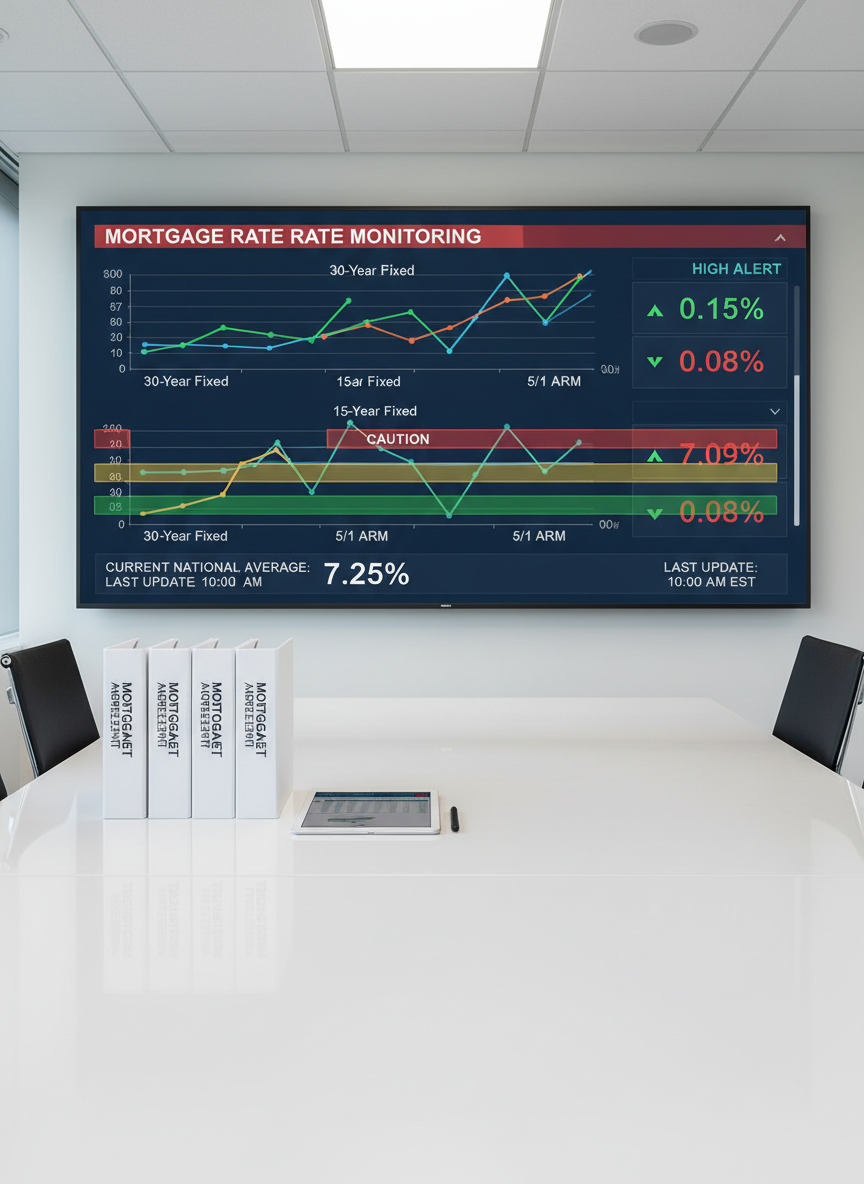A large, wall-mounted digital display in a contemporary conference room, showing a detailed mortgage rate monitoring dashboard with line graphs, percentage changes, and colored alert bands labeled clearly. Below it, a glossy white conference table holds neatly stacked mock loan files, a tablet, and a pen, all perfectly aligned. Cool, even ceiling lighting and soft window light from the side create a balanced, corporate atmosphere with minimal shadows. The camera is positioned at an eye-level perspective facing the screen, capturing the entire setup in crisp photographic realism. The overall mood is analytical, organized, and reliable, conveying the precision and professionalism of a mortgage rate alert system for serious business use.
