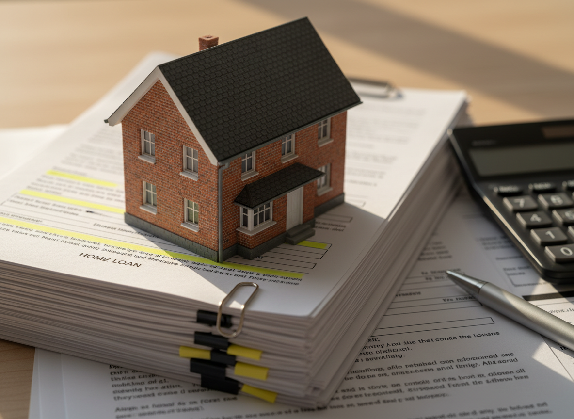 A close-up of a meticulously detailed miniature suburban house model with realistic brick texture, dark slate roof, and bright white trim, placed on top of a stack of neatly arranged home loan documents with highlighted sections and paper clips. A smooth black calculator and a silver pen lie nearby, partially in frame. Natural afternoon light spills across the scene from the left, casting soft shadows and creating a warm, welcoming glow. Photographic realism with sharp focus on the house and foreground, while the text on the documents fades softly into blur. Captured from a slightly elevated angle, the image conveys clarity, precision, and the promise of home ownership made achievable through clear financing.