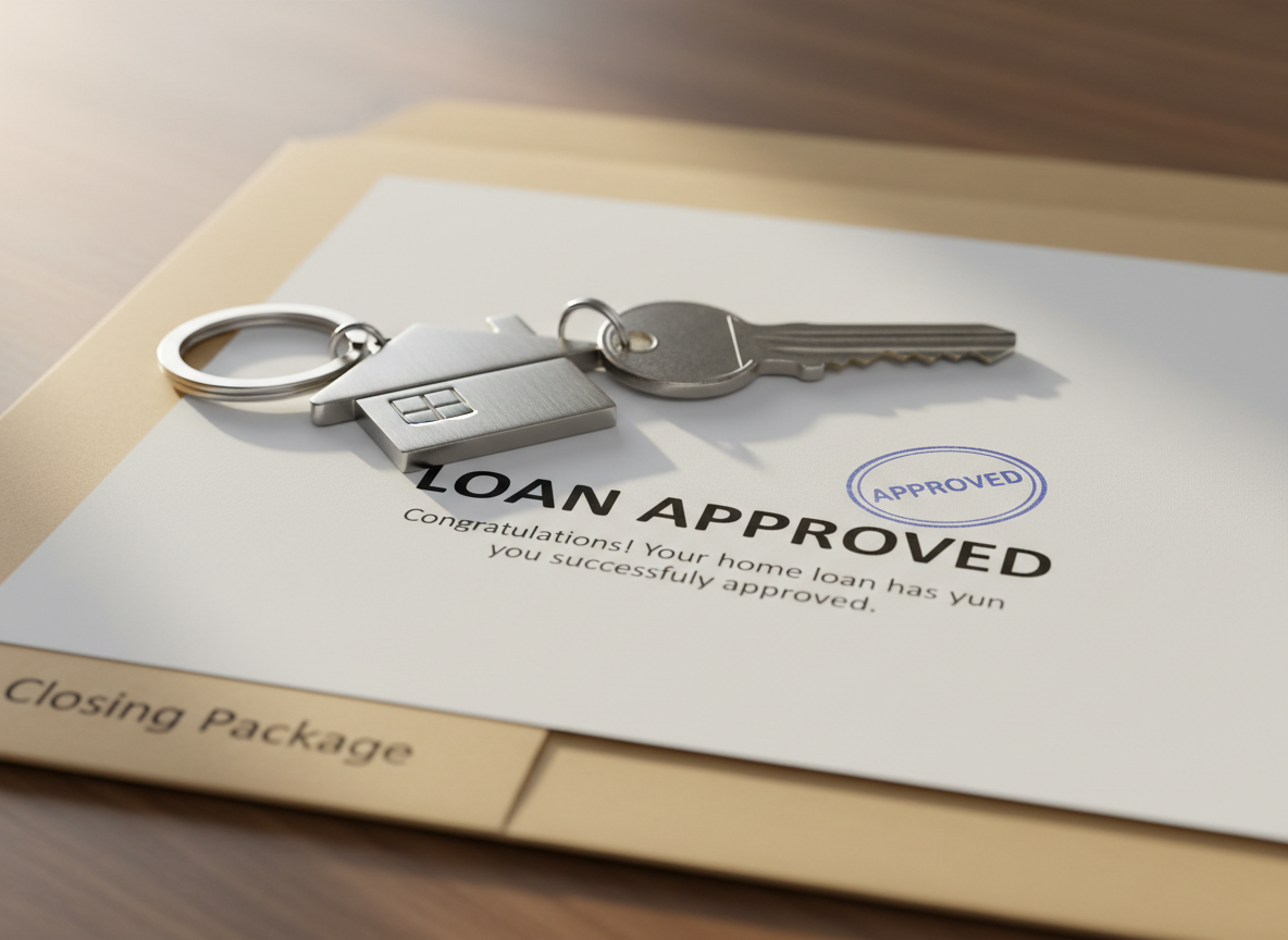 A clean, close-up shot of a sturdy, brushed metal house-shaped keychain attached to a single, polished silver key resting on top of a crisp, printed “Loan Approved” document with a prominent approval stamp in soft blue ink. The edges of a closed folder labeled “Closing Package” are visible at the bottom of the frame. Soft morning light from a nearby window illuminates the metal surfaces, creating gentle highlights and a subtle reflection on the document, while casting a delicate shadow of the key. Photographic realism with a shallow depth of field keeps the key and approval text razor sharp while the background softly fades. The mood is optimistic and confident, symbolizing fast approval and a clear path to move-in.