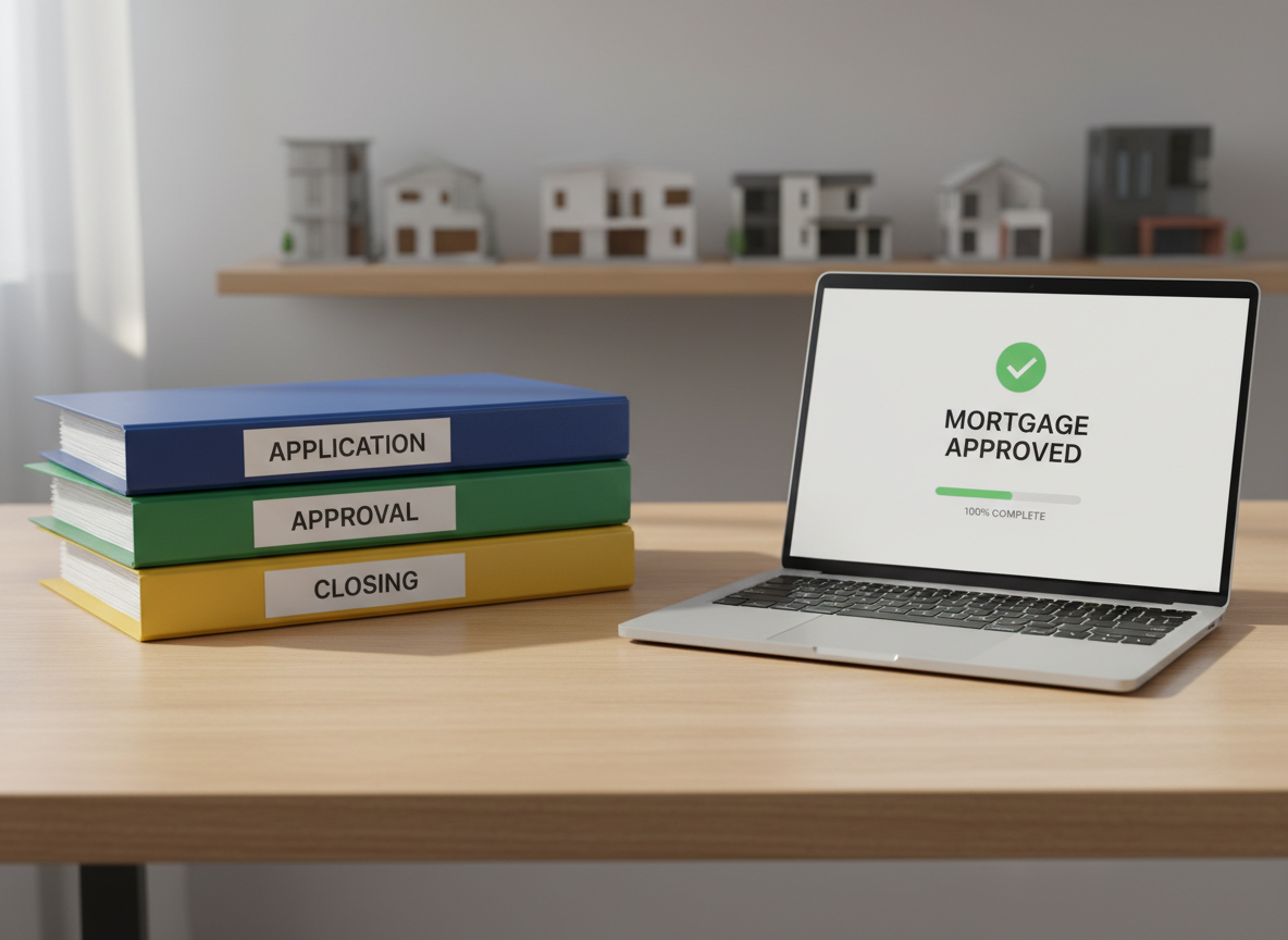 A neatly stacked arrangement of glossy, color-coded home loan folders labeled “Application,” “Approval,” and “Closing,” resting on a light oak desktop beside a sleek silver laptop displaying a simple mortgage approval dashboard. Soft morning daylight streams through an unseen window, creating gentle reflections on the laptop screen and subtle shadows behind the folders. A tidy row of miniature architectural house models lines the back of the desk, slightly out of focus. Photographic realism with a clean, modern aesthetic, shot at eye level using a shallow depth of field to keep the folders crisp while the background softly blurs. The mood is calm, organized, and reassuring, emphasizing clear guidance through each loan stage.
