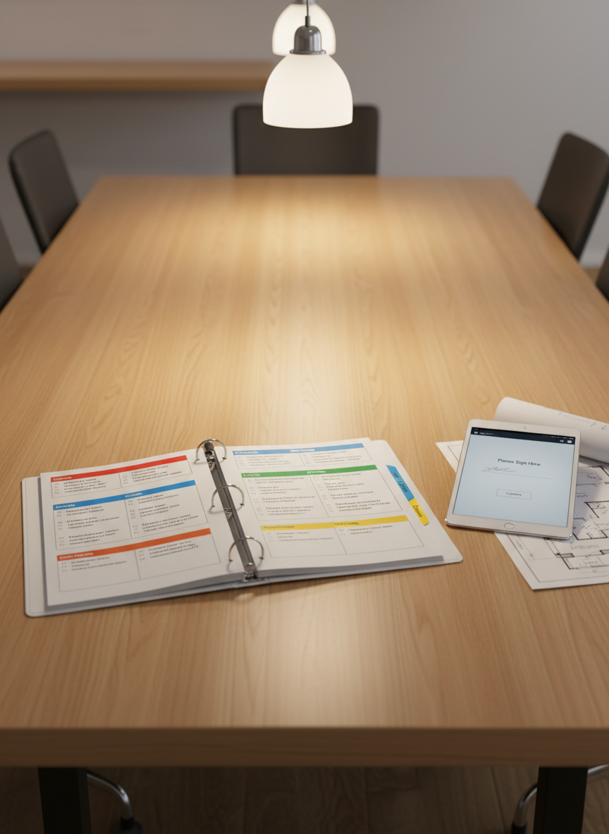 A bright, modern conference table made of light maple wood with a single, open binder displaying a clearly laid-out home loan checklist, each section separated by colored tabs labeled “Income,” “Credit,” “Property,” and “Final Docs.” Beside the binder lies a slim metallic tablet paused on a digital signature screen, and a small, precise architectural floor plan printout. Warm overhead pendant lighting creates soft, even illumination, with gentle reflections on the tablet’s glass and subtle shadows beneath the binder. Photographic realism with an eye-level, slightly angled composition creates depth along the table’s length. The atmosphere is professional yet approachable, suggesting a smooth, guided approval experience from application through closing.