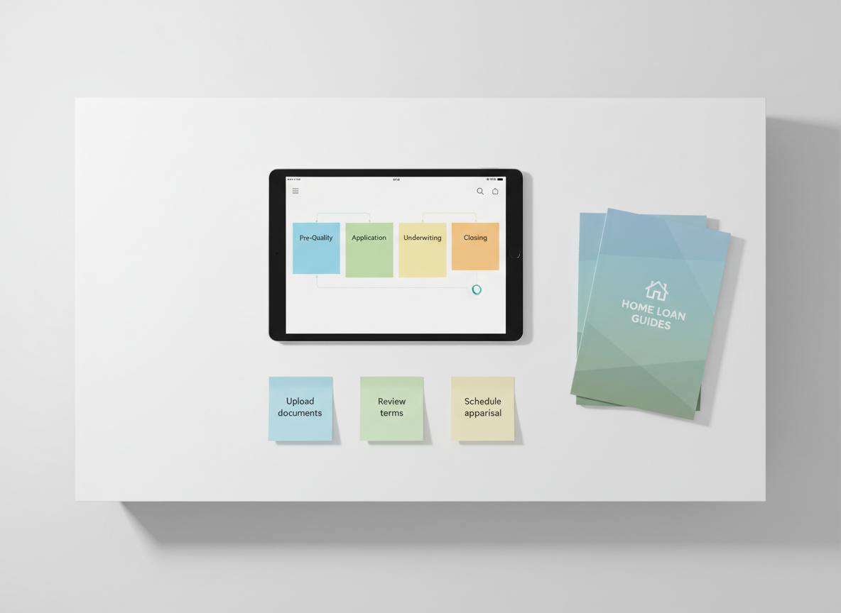 An overhead photographic view of a clean, minimalist workspace featuring a large white desk with a tablet displaying a simple, color-coded home loan progress tracker moving from “Pre-Qualify” to “Closing.” Surrounding the tablet are neatly aligned sticky notes with short, printed reminders like “Upload documents” and “Review terms,” plus a tidy stack of mortgage brochures with a subtle blue and green color scheme. Soft, diffused daylight from above creates even lighting with minimal shadows, emphasizing clarity and focus. The composition follows a balanced, grid-like layout with sharp focus across the frame. The mood is organized, transparent, and stress-free, visually reinforcing step-by-step guidance through the home loan process.