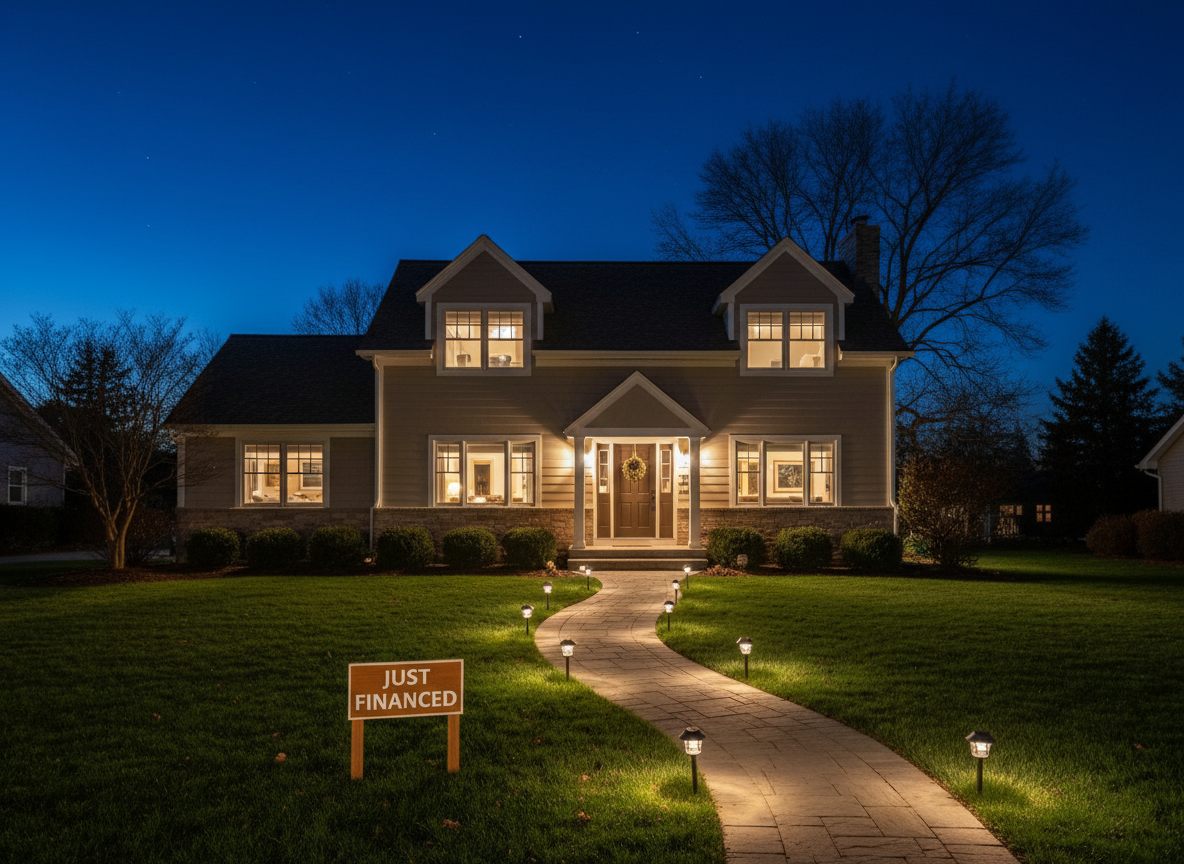 A nighttime scene of a cozy, well-kept suburban house exterior with warm light glowing from every window, a neatly lit front walkway, and a small “Just Financed” sign staked into the manicured lawn. The house features soft beige siding, white trim, and a dark shingle roof, with a single tree gently silhouetted against a clear, deep blue sky. Discreet landscape lighting casts gentle uplighting on the facade, creating subtle shadows and depth. Photographic realism with a slightly low-angle composition emphasizes the home’s welcoming presence. The mood is serene, secure, and celebratory, capturing the sense of relief and accomplishment that comes after a smooth home loan approval and closing process.