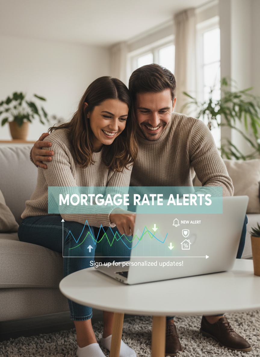 Smiling couple in their living room looking at a laptop with a subtle overlay of mortgage rate graphs and notification icons, bright and welcoming style, suitable for a mortgage rate alert sign-up section
